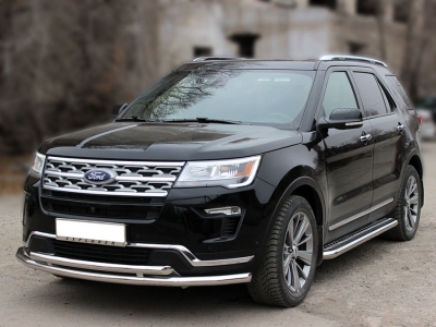 Защита переднего бампера d-60+53 радиусная двойная Технотек для Ford Explorer 2017 – н.в. 
